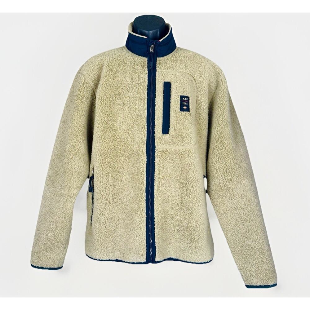 VTG Abercrombie & Fitch Men Jacket LG Beige Navy Sherpa Full Zip Weatherproof